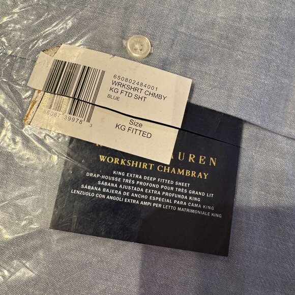 Ralph Lauren Workshirt Chambray King Size Fitted Sheet Blue NEW - Picture 3 of 3
